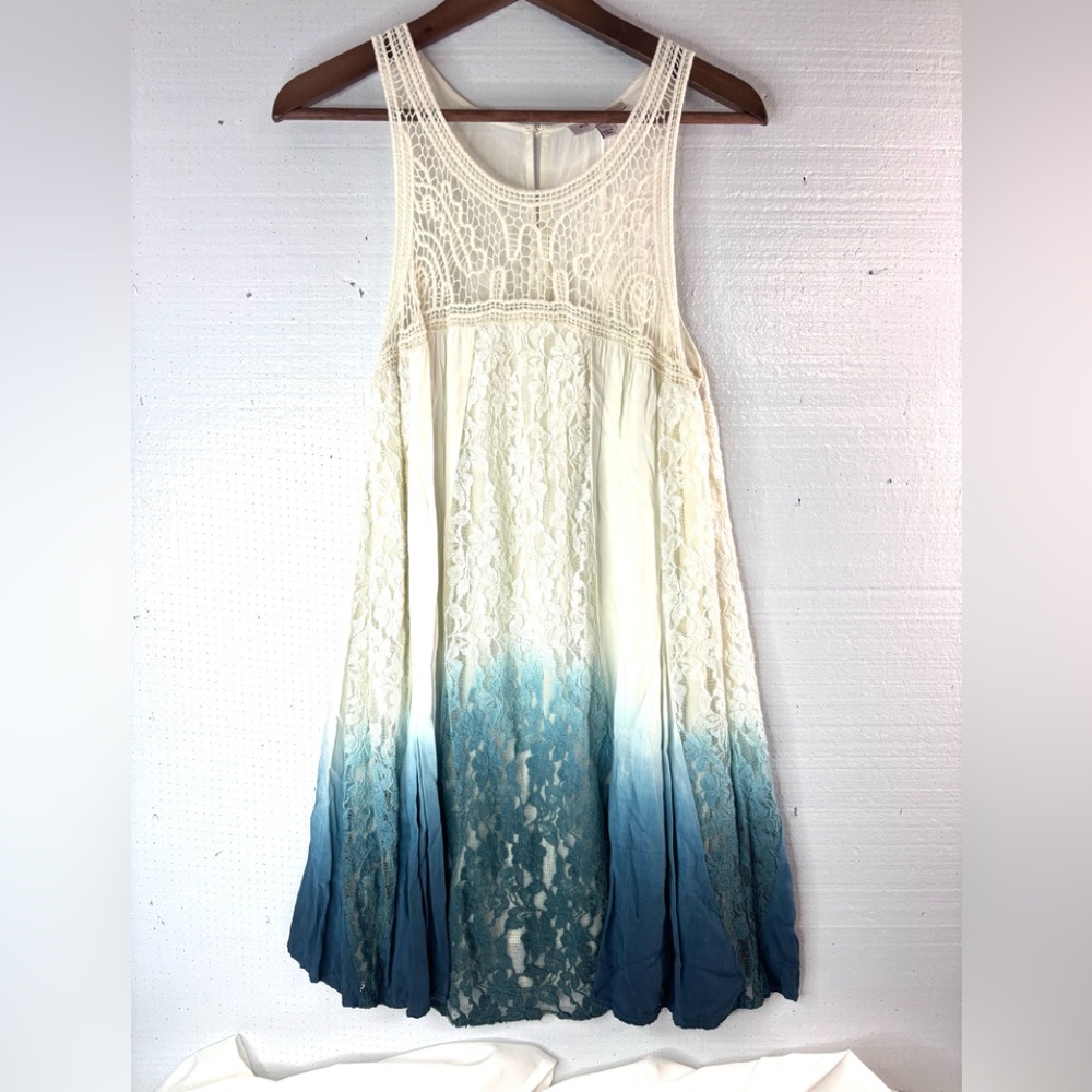 Blu-Pepper Vintage L Boho Sleeveless Cotton Lace Trim Midi Dress Ombre Teal Blue